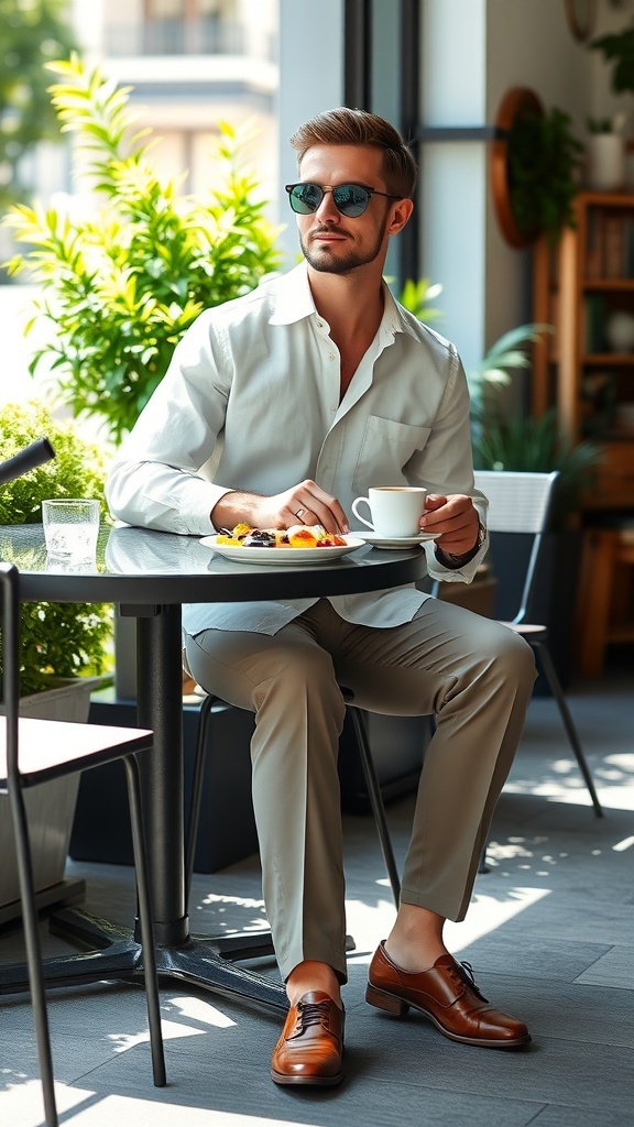 Stylish Brunch Outfit Ideas for Men A man in a casual chic outfit enjoying brunch at an outdoor café.